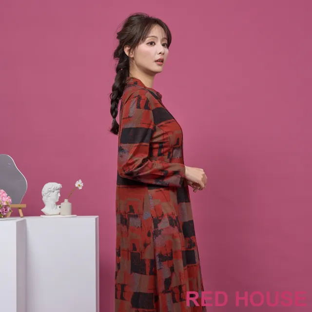【RED HOUSE 蕾赫斯】幾何印花磨毛修身洋裝(橘紅色)