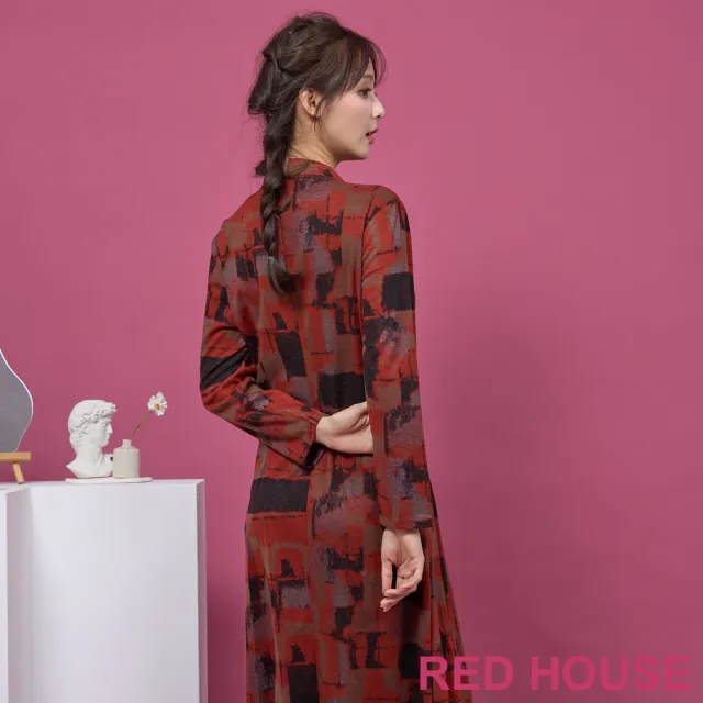 【RED HOUSE 蕾赫斯】幾何印花磨毛修身洋裝(橘紅色)