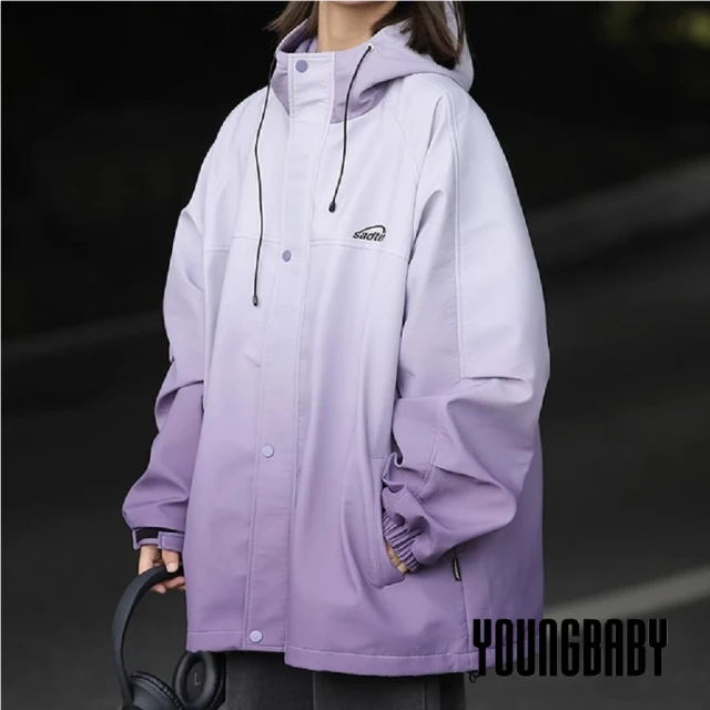 YOUNGBABY 刺繡英文漸層防風防小雨加薄絨衝鋒外套 中大尺碼女裝