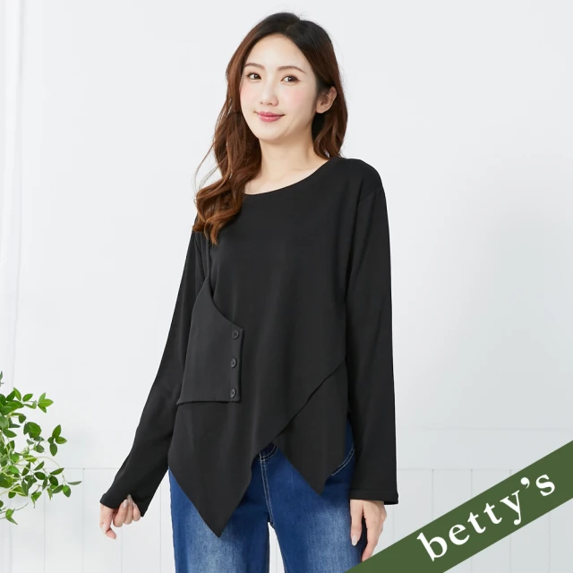 betty’s 貝蒂思 直條壓紋拼接不對稱下擺圓領T-shirt(黑色)