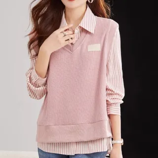 【Alishia】V領寬鬆假兩件條紋長袖女襯衫 女上衣 M-2XL(粉色)