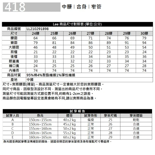【Lee】出清品-女裝 牛仔褲 / 418 中腰合身窄管 清水洗(LL210291898)