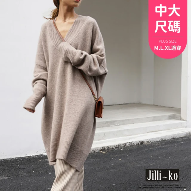 JILLI-KO 大V領中長款高級感毛衣女慵懶風針織衫 -F(黑/卡)