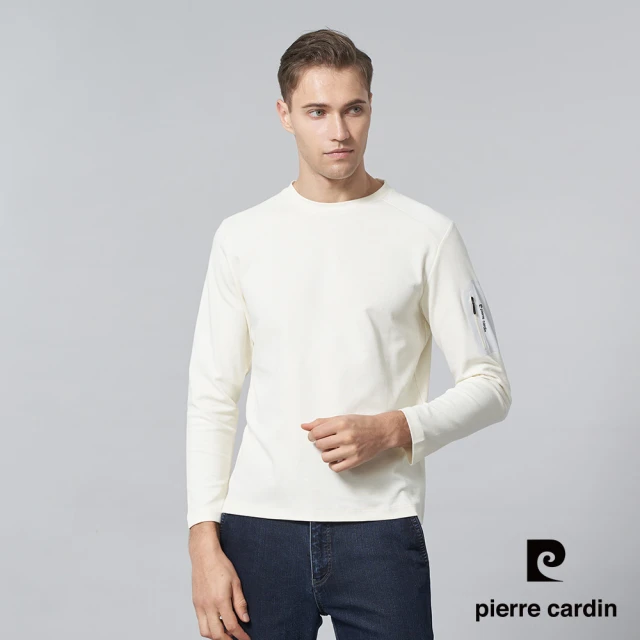 pierre cardin 皮爾卡登 商務休閒 男款 素色圓領長袖上衣-米白色(5245261-80)