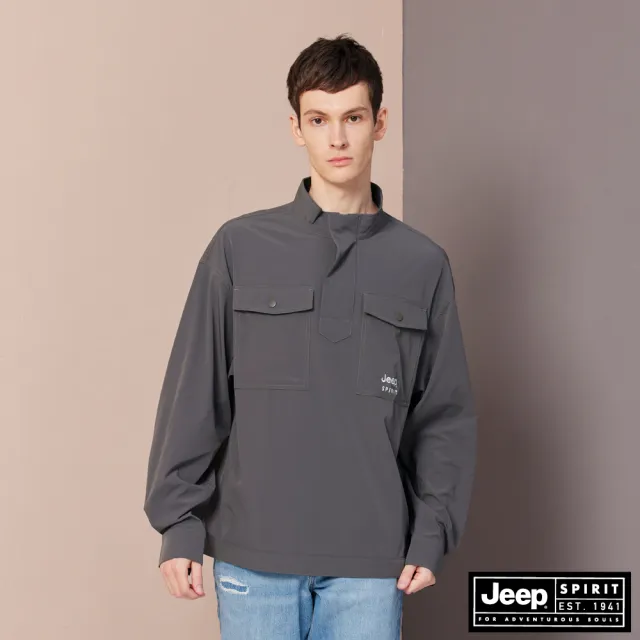 【JEEP】男裝 防潑水開襟口袋長袖衝鋒衣(灰色)