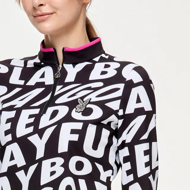 【PLAYBOY GOLF】女款潮流字母塗鴉立領長袖刷毛上衣-黑(吸濕排汗/蓄熱保暖/GOLF/高爾夫球衫/KA24225-88)
