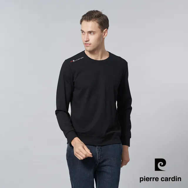【pierre cardin 皮爾卡登】休閒服飾 男款 素色圓領長袖上衣-黑色(5245260-99)