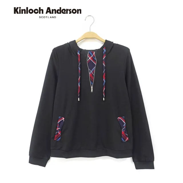 【Kinloch Anderson】金安德森女裝 氣質連帽格紋抽成蝴蝶結口袋造型長袖上衣(KA1363011 深粉/黑)