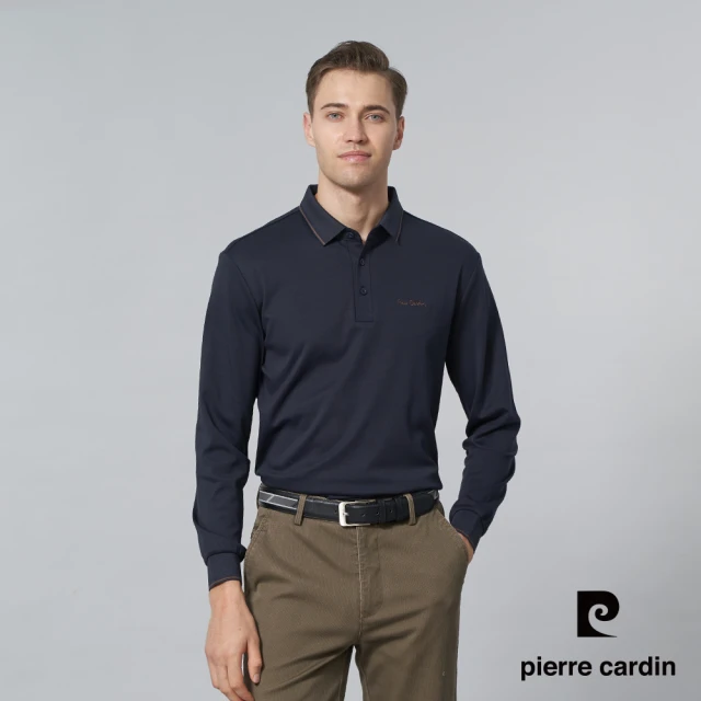 pierre cardin 皮爾卡登 商務休閒 男款 棉質混紡素色長袖POLO衫-深藍色(5245212-38)