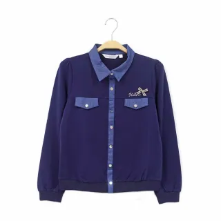 【Kinloch Anderson】金安德森女裝 牛仔拼接襯衫領KA燙鑽造型長袖棉質上衣(KA1363023 藏青/白色)