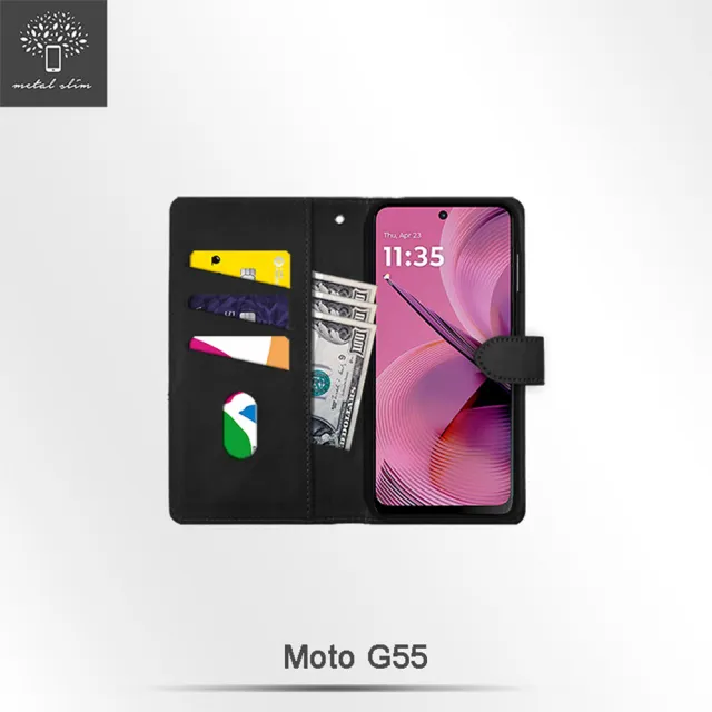 【Metal-Slim】Motorola Moto G55 時尚撞色前扣磁吸內層卡夾雙料皮套