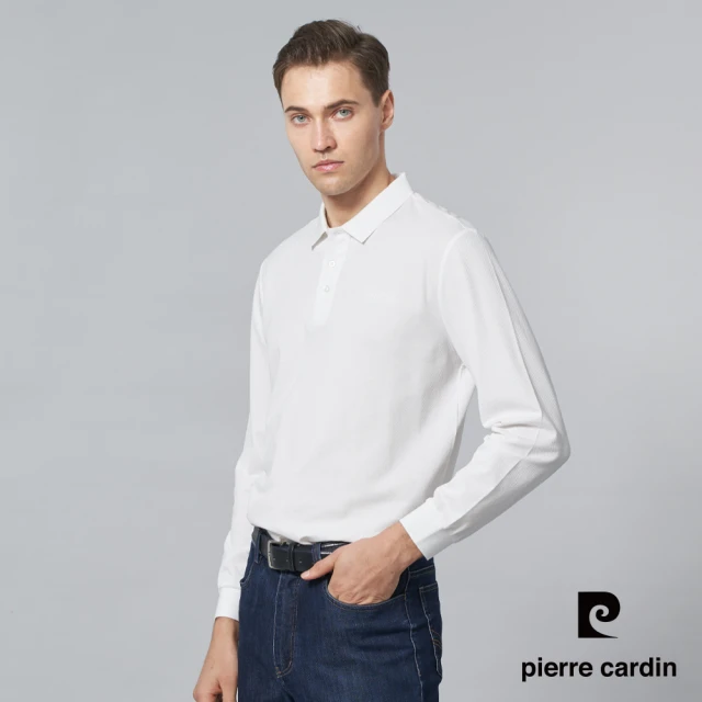 pierre cardin 皮爾卡登 商務休閒 男款 舒適簡約素色長袖POLO衫-白色(5245285-90)