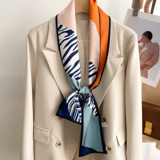 【AnnaSofia】仿絲領巾絲巾圍巾-拼色斑馬紋緞面 現貨(藍黃系)