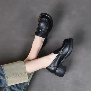 【Vecchio】真皮休閒鞋 厚底休閒鞋/全真皮頭層牛皮立體十字星設計粗跟厚底休閒鞋 樂福鞋(黑)