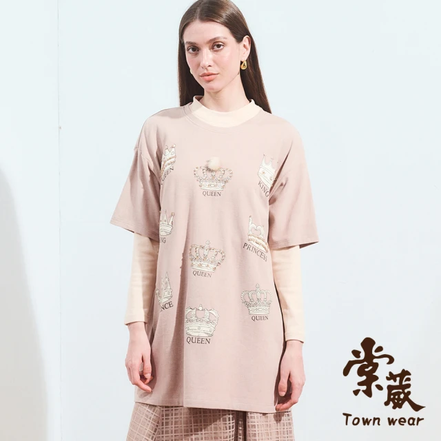 TOWN’WEAR 棠葳 宮廷印圖長版T恤(女上衣/女上著/滿版/短袖/印字/鑽飾/休閒/磨毛)