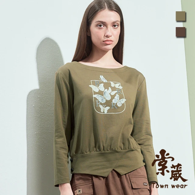 TOWN’WEAR 棠葳 典雅蝴蝶棉質上衣 2色(中大尺碼/女上衣/女上著/長袖/印圖/印字/字母/開衩/鑽飾)