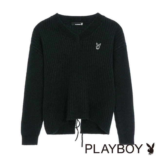 PLAYBOY V領後下擺綁帶短版毛衣(黑色)