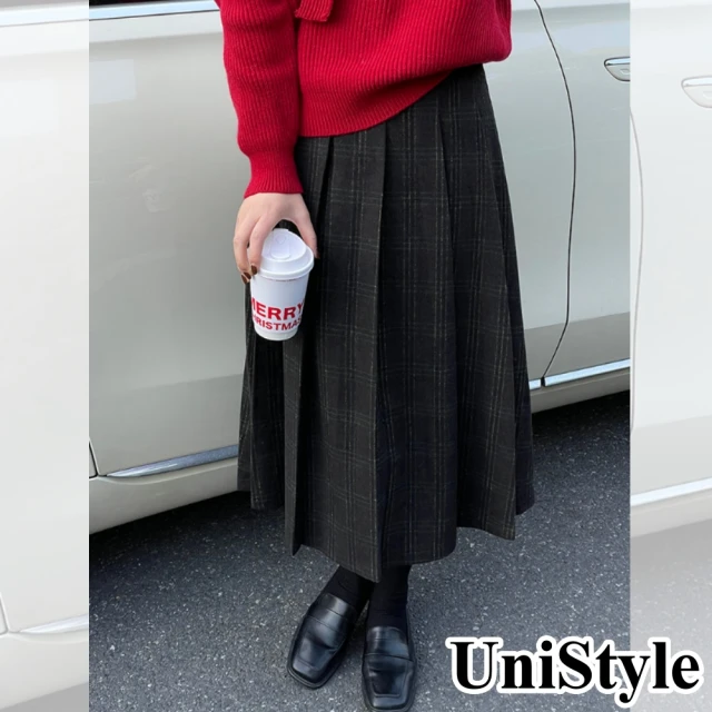 UniStyle 格紋半身裙 韓版高腰壓褶復古A字裙百褶裙 女 WT2359(藍黑灰格)