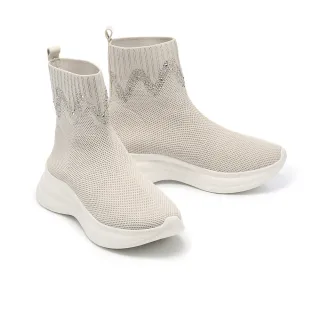 【MELROSE】美樂斯 率性時尚純色燙鑽飛織布厚底高筒休閒鞋(灰)