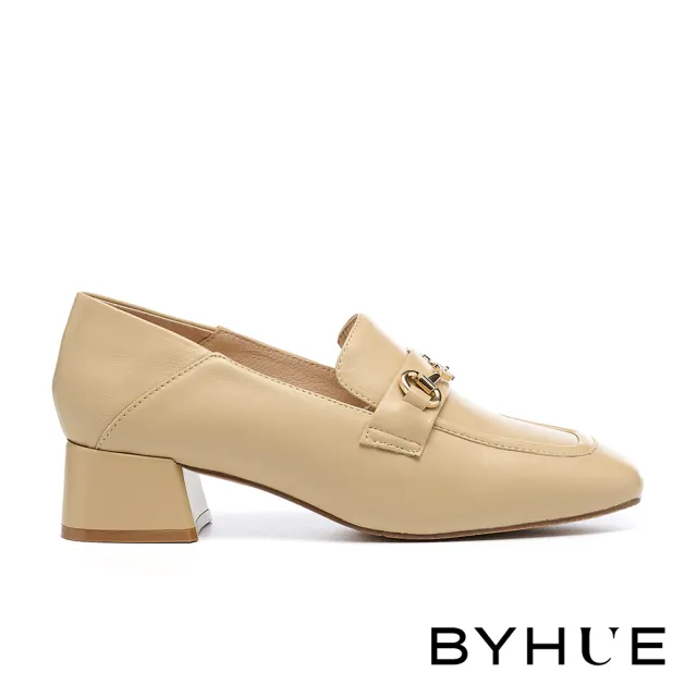 【BYHUE】別致品味晶鑽馬銜釦羊皮軟芯樂福高跟鞋(杏)
