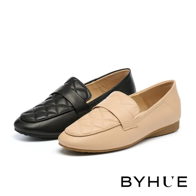 【BYHUE】舒適好感菱格牛皮軟芯微Q底樂福低跟鞋(杏)