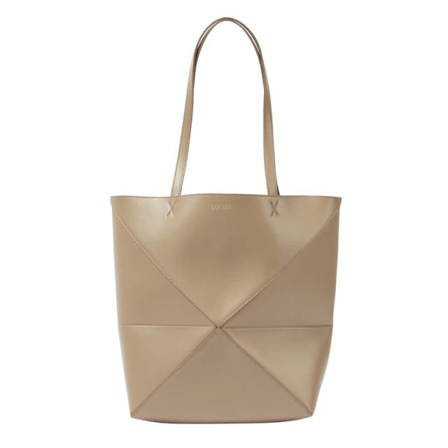 LOEWE 羅威 Puzzle Fold Tote 中款 亮面牛皮 折疊 托特包 拼色 暖沙色 沙色