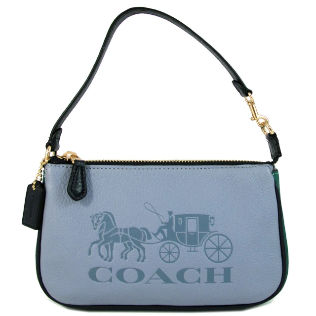 COACH 壓印大馬車LOGO撞色皮革手提x肩背包(藍綠雙色)