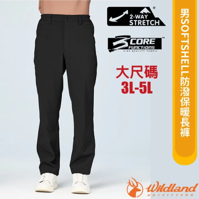 Wildland 荒野 男 SOFTSHELL防潑保暖長褲_3L-5L大尺碼.休閒運動褲(W2318-54 黑色)