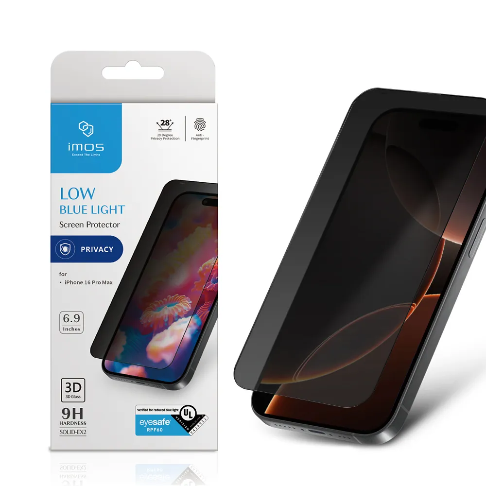 【iMos】iPhone 16 Pro Max 6.9吋 德國萊因+美國UL認證 3D 9H防窺RPF60低藍光螢幕保護貼
