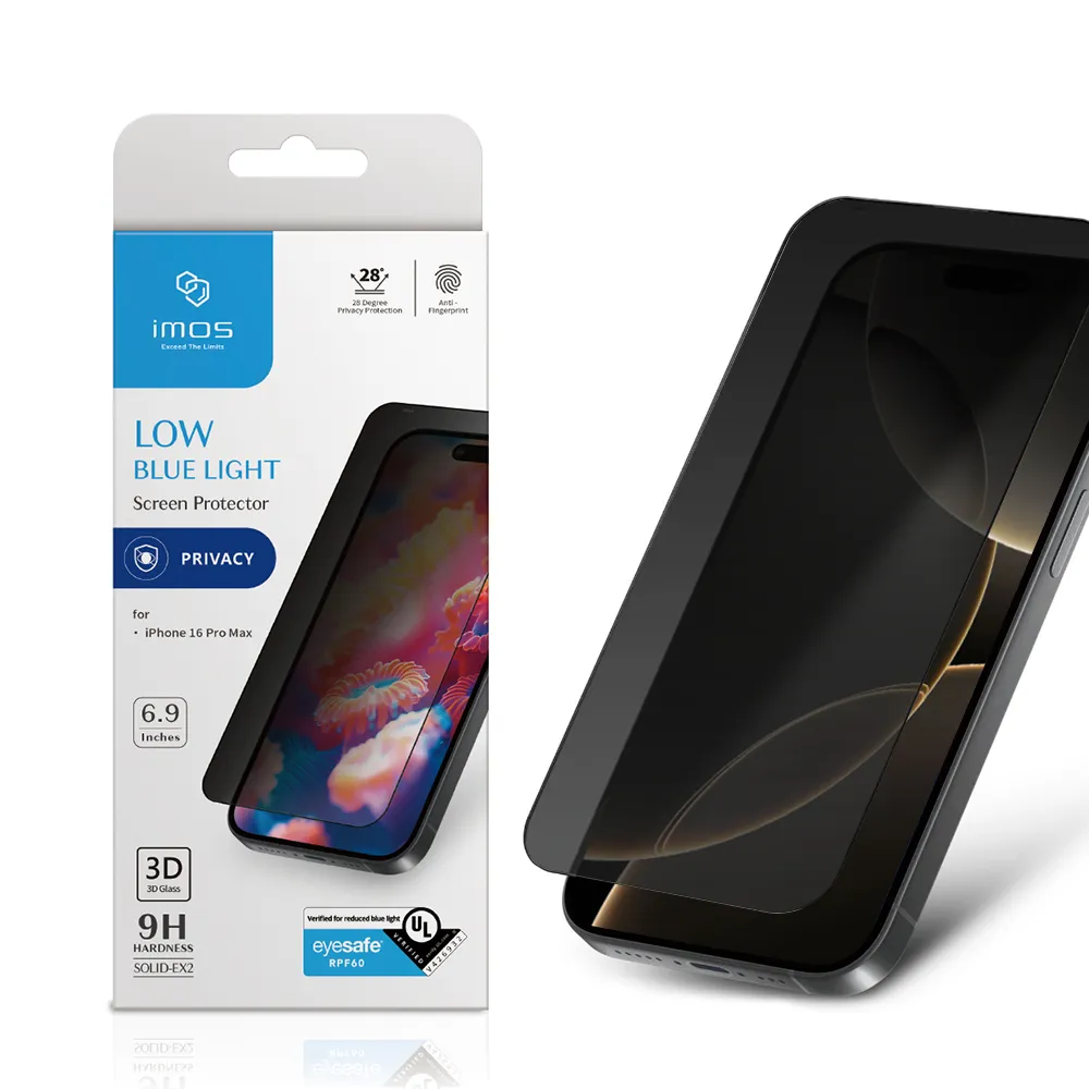【iMos】iPhone 16 Pro 6.3吋 德國萊因+美國UL認證 3D 9H防窺RPF60低藍光螢幕保護貼