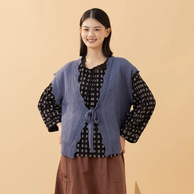 【MOSS CLUB】鏤空勾織花邊綁帶開襟式無袖針織背心(藍 杏 黃/魅力商品)