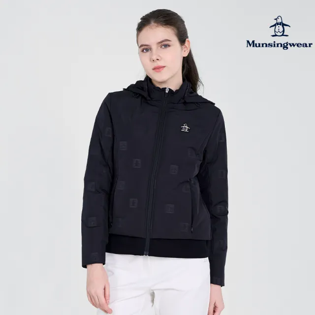 【Munsingwear】企鵝牌 女款黑色時尚拼接可拆帽輕羽絨外套 MLUL6603