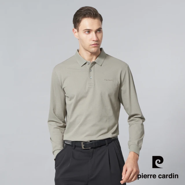 pierre cardin 皮爾卡登 商務休閒 男款 舒適簡約素色長袖POLO衫-灰綠色(5245285-43)