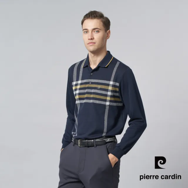【pierre cardin 皮爾卡登】休閒服飾 男款 棉質混紡刷磨毛大定位格長袖POLO衫-深藍色(5245275-38)
