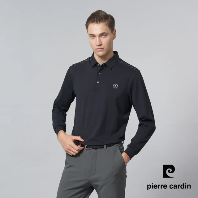 pierre cardin 皮爾卡登 商務休閒 男款 無痕素色長袖POLO衫-深藍色(5245293-38)