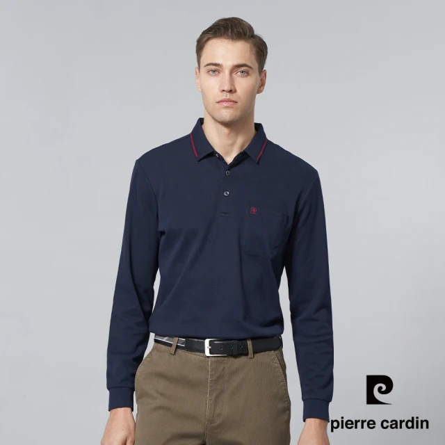 pierre cardin 皮爾卡登 商務休閒 男款 純棉素色長袖POLO衫-丈青色(5245284-38)