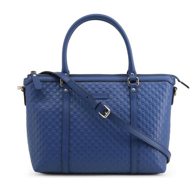 【GUCCI 古馳】449656 經典雙G緹花全皮革壓紋手提斜背兩用包(全新福利品-藍色)