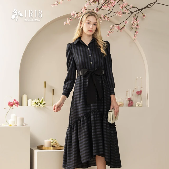 IRIS 艾莉詩 法式氣質雙排釦縮腰風衣外套-卡其色(467 IRIS 艾莉詩 質感細蔥條紋翻領洋裝-2色(46662)