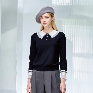 【MYSHEROS 蜜雪兒】VITA 針織上衣 網紗花邊翻領造型 玫瑰排釦裝飾(黑)