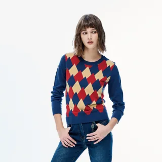 【MYSHEROS 蜜雪兒】針織造型上衣 織帶圓領 拼色菱形格紋(藍)