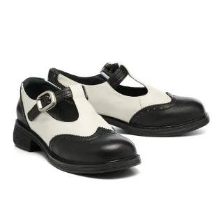 【MISS 21】復古少女牛津撞色T字帶全真皮大頭瑪莉珍高跟鞋(白)