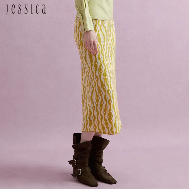 【JESSICA】亮麗獨特條紋羊毛針織開岔長裙J44D00