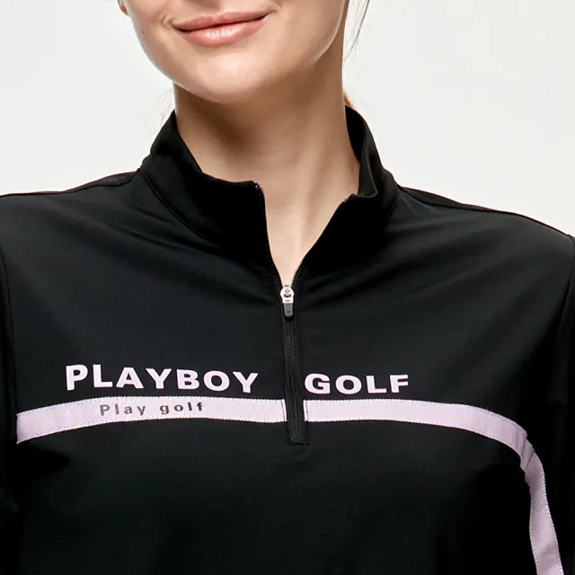 【PLAYBOY GOLF】女款吸濕排汗蓄熱保暖立領長袖上衣-黑(抗UV/GOLF/高爾夫球衫/KA24227-88)