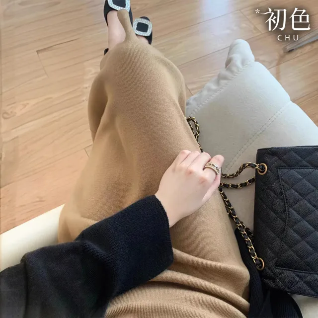 【初色】純色簡約寬鬆鬆緊腰中長款高腰針織裙中長裙半身裙長裙-共6色-39565(F可選)