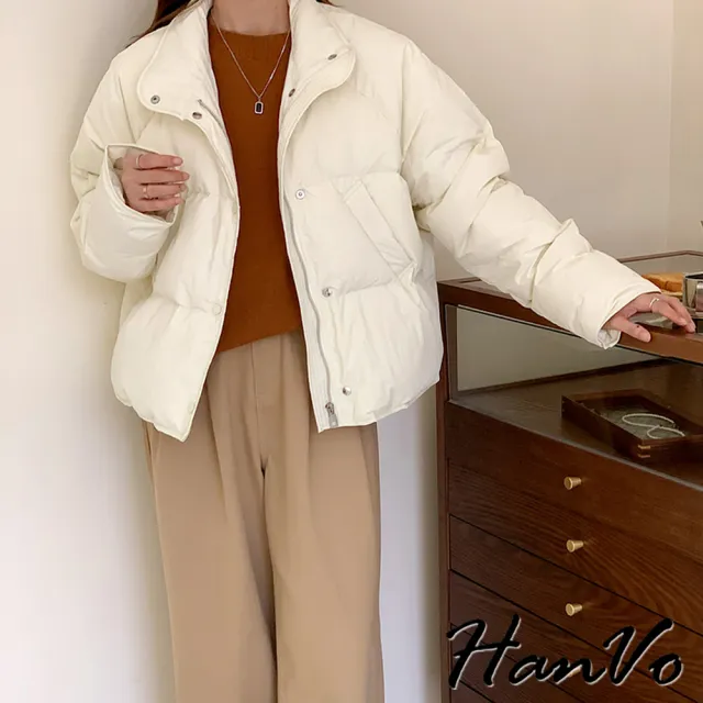 【HanVo】現貨 冬季羽絨保暖麵包外套(簡約時尚短版外套 韓系女裝 女生衣著 A07-4531)