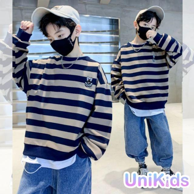 UniKids 中大童裝加絨長袖大學T 條紋小熊 男大童裝女大童裝 VPWYA1186(藏青)