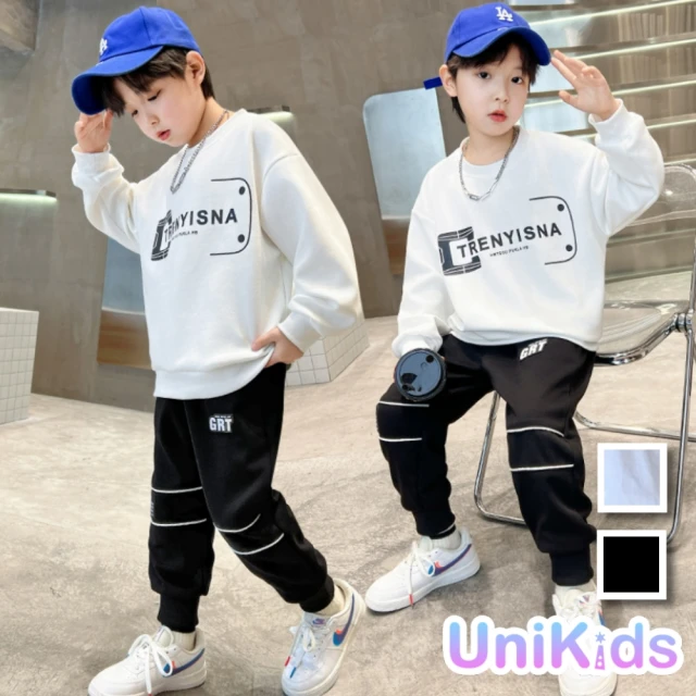 UniKids 中大童裝2件套裝字母長袖大學T休閒長褲 男大童裝 VPG0056(白 黑)