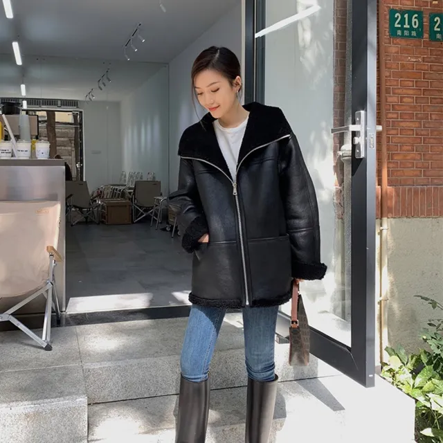 【巴黎精品】現貨+預購 羊羔毛外套皮草大衣(中長款廓形皮草大衣女外套2色a1iu15)