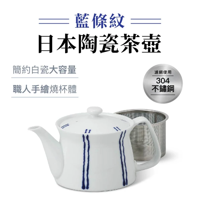 POITC-C 日本西海日本陶瓷茶壺400ml 藍條紋 附304不鏽鋼濾網(泡茶壺 沖茶壺 陶瓷茶壺)