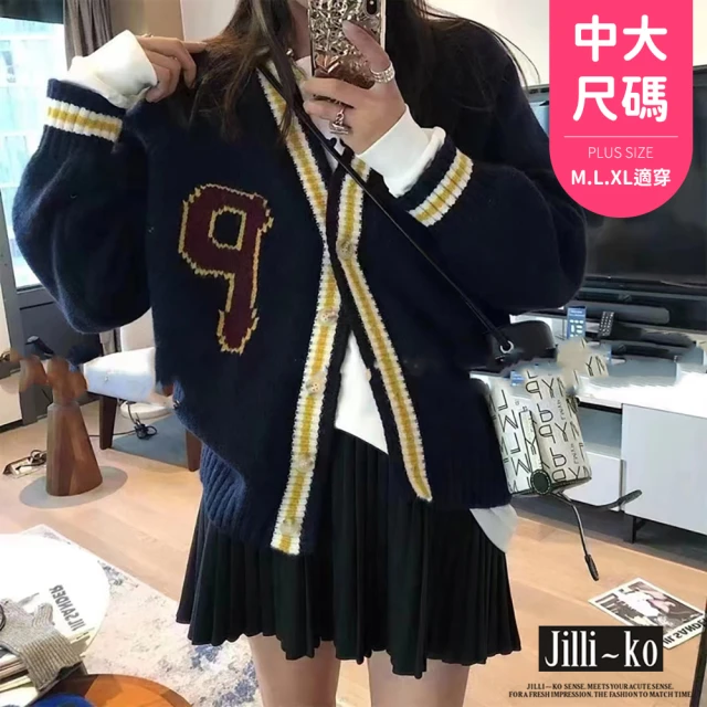 JILLI-KO 學院風V領休閒寬鬆針織外套女-F(深藍/灰)